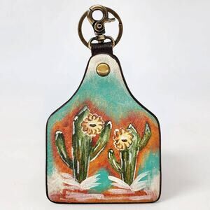 Hand-Painted Cowhide Leather Keyring Bag Charm  Southwestern Cactus Bloom Design
